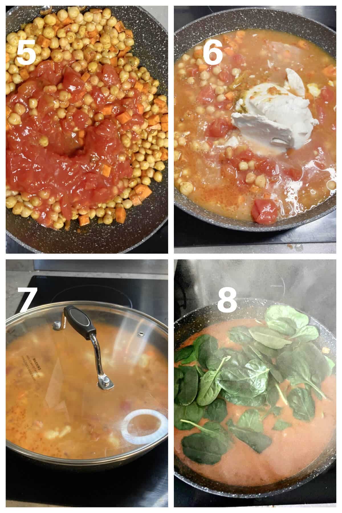 Collage of 4 photos to show how to make coconut chickpea curry.