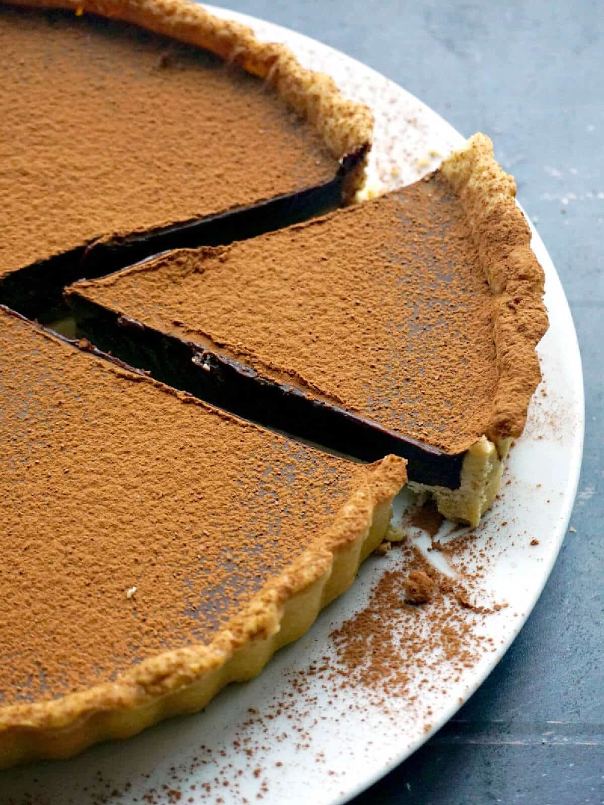 A white plate with a sliced chocolate tart.