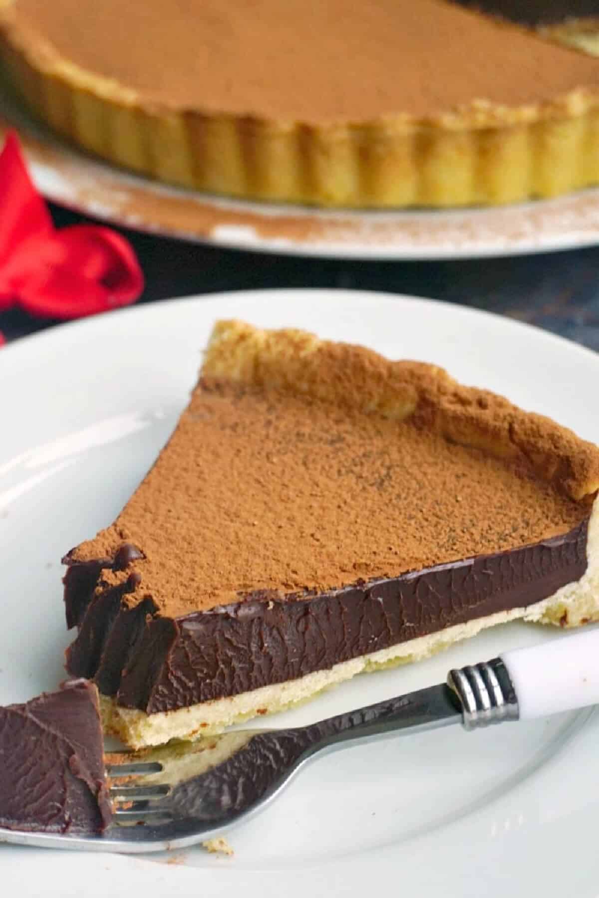 A white plate with a slice of chocolate tart.