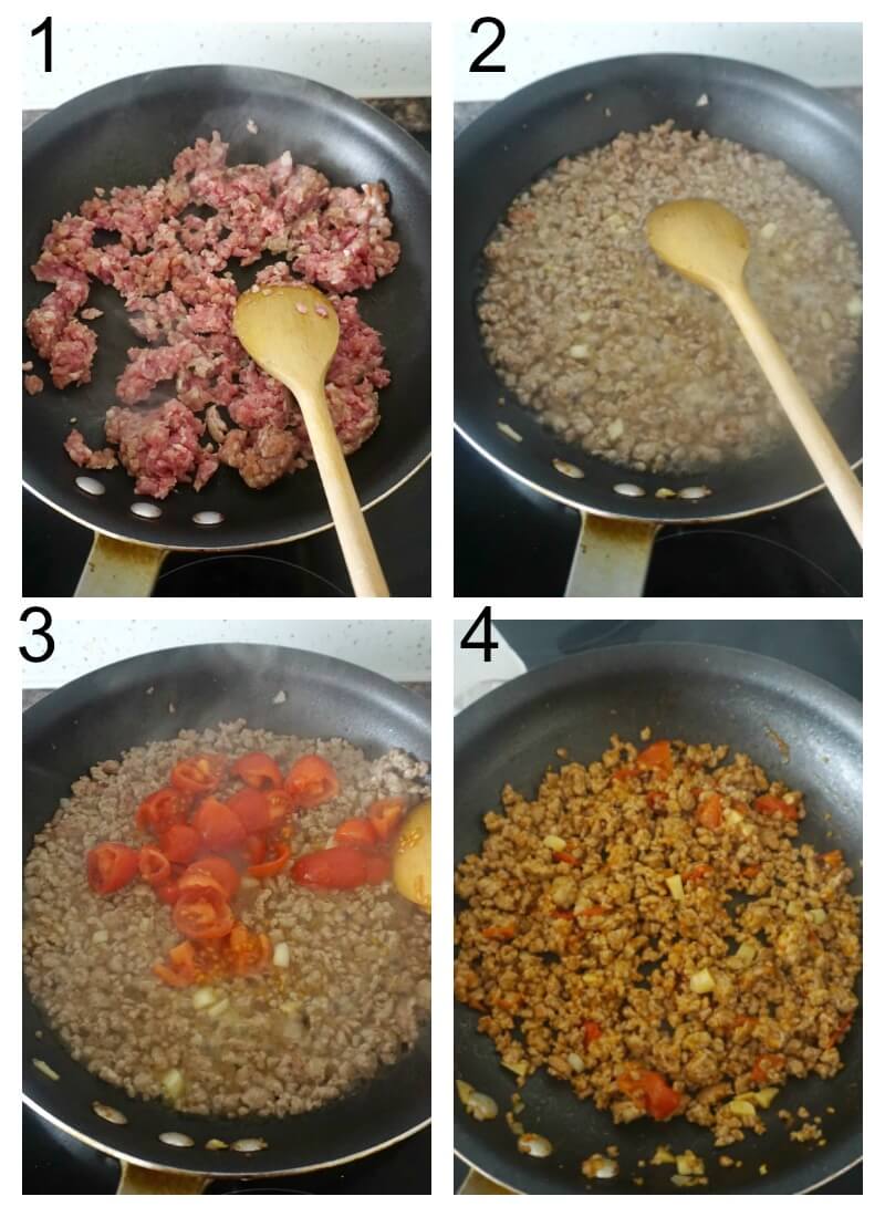 Collage of 4 photos to show how to cook the ground pork for nachos.