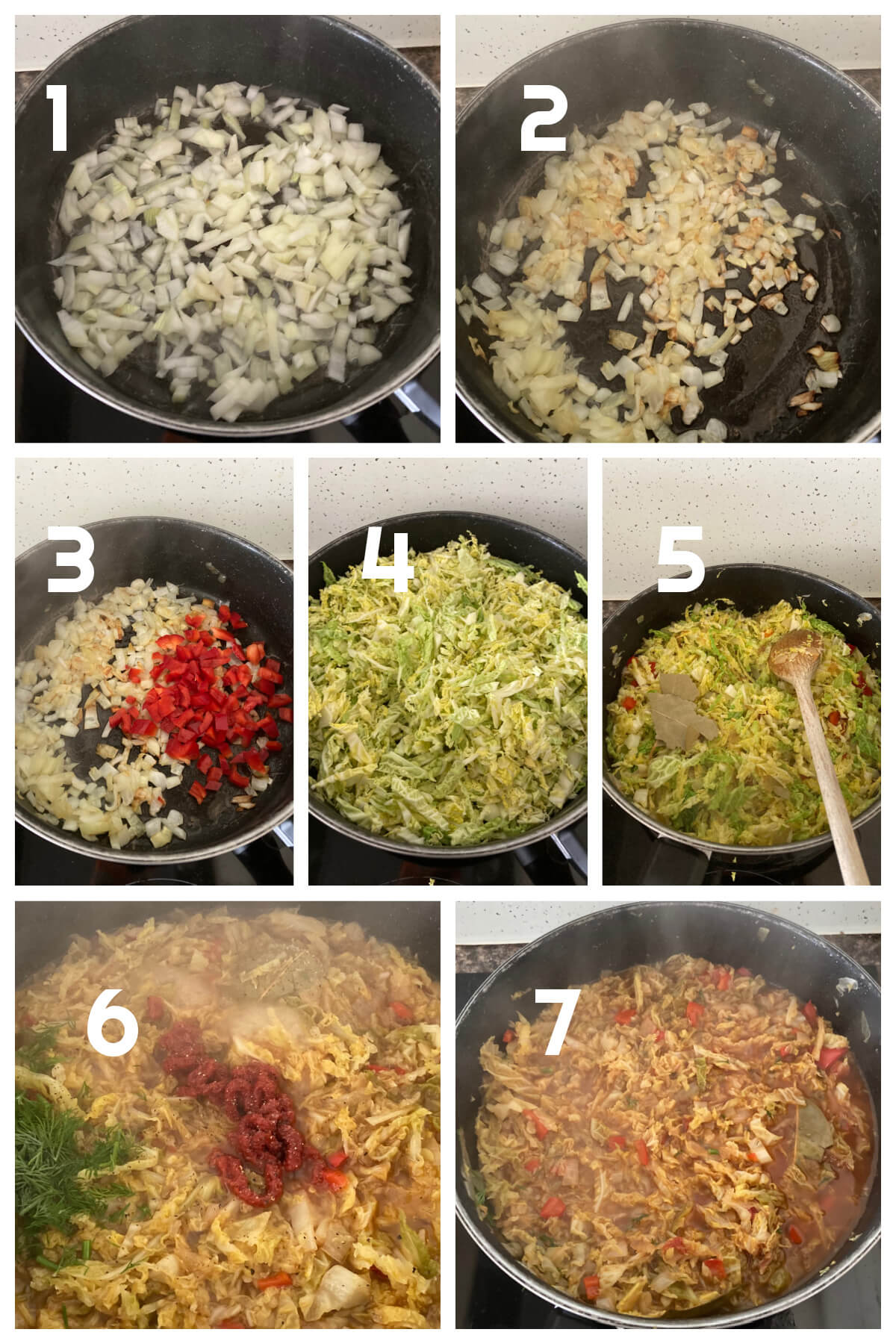 Collage of 7 recipes to show how to make stewed cabbage.