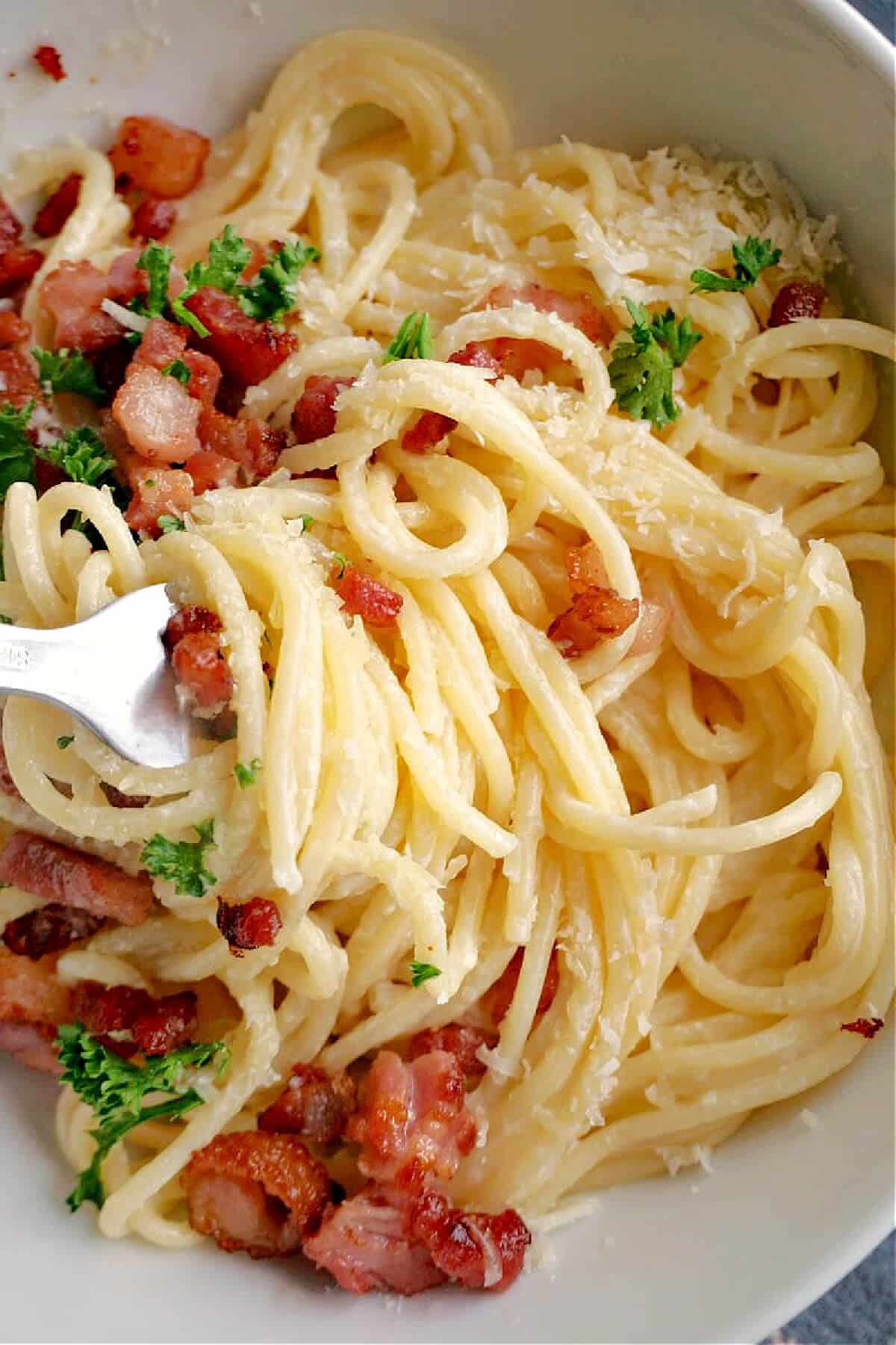 Close-up shoot of spaghetti with bacon lardons.