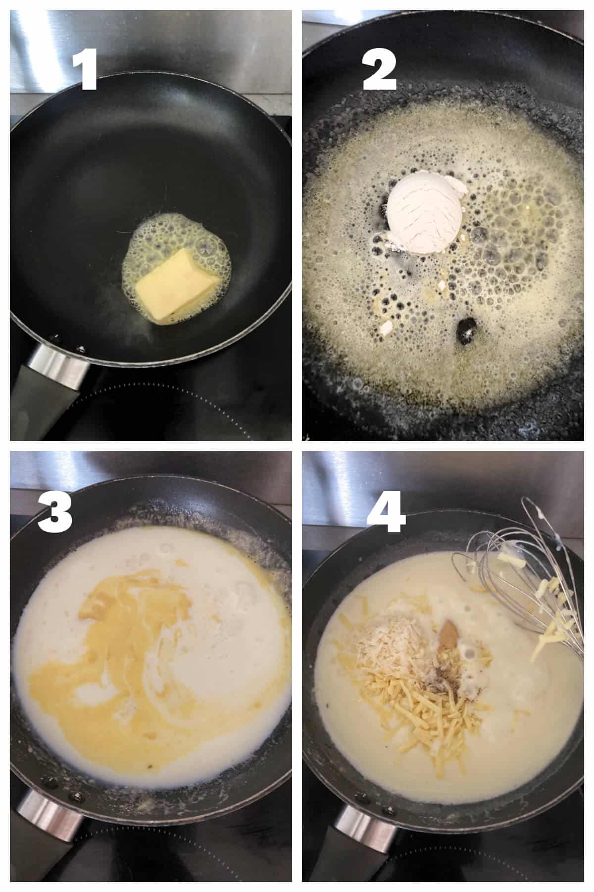 Collage of 4 photos to show how to make bechamel sauce.