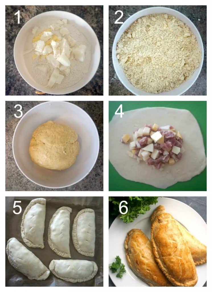 Collage of 6 photos to show how to make traditional Cornish Pasties