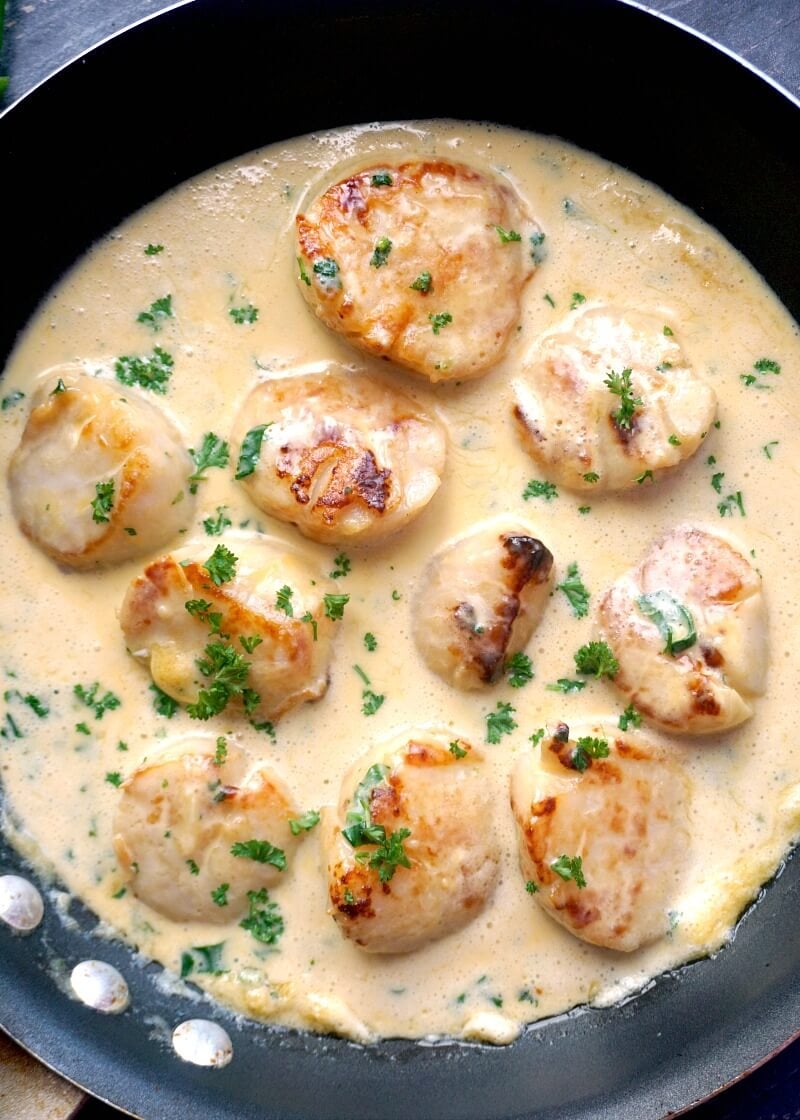 A pan with scallops in a creamy sauce.