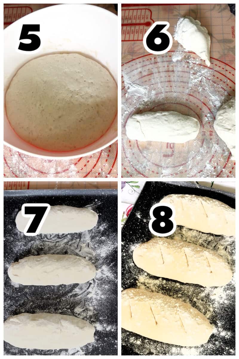 Collage of 4 photos to show how to shape mini baguettes.