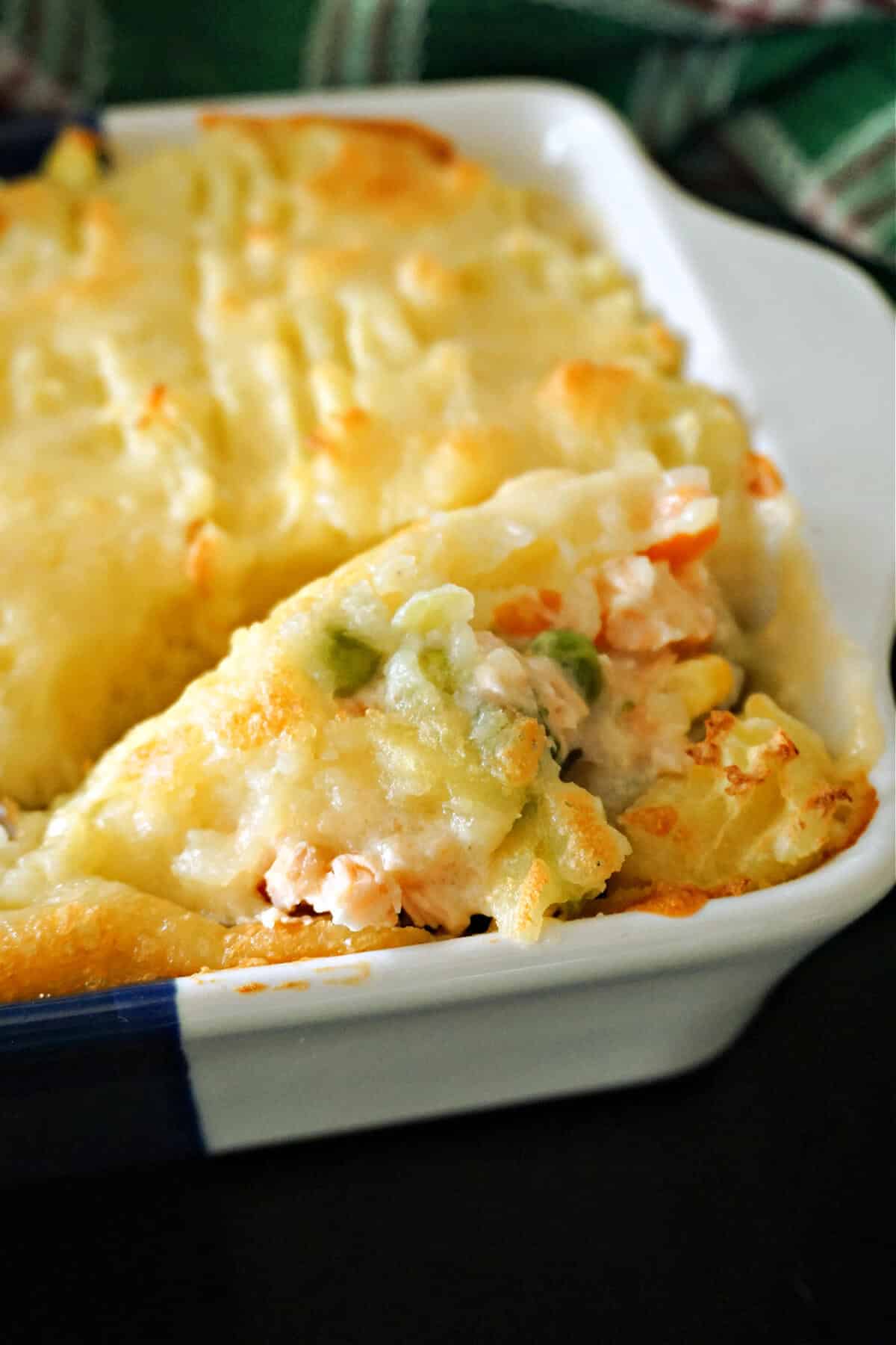 Close-up shoot of a dish with fish pie topped with mash.