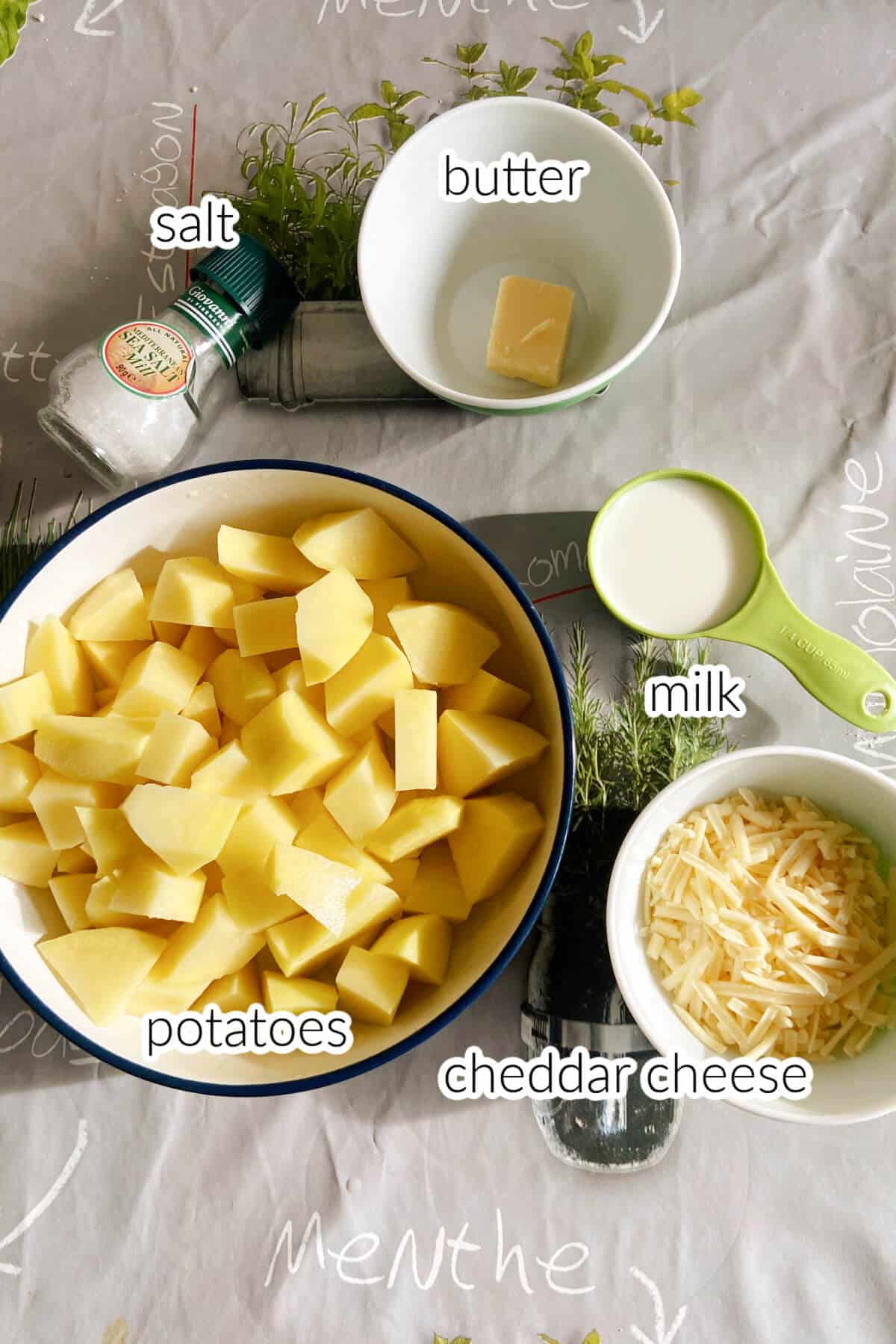 Ingredients needed to make mashed potatoes.
