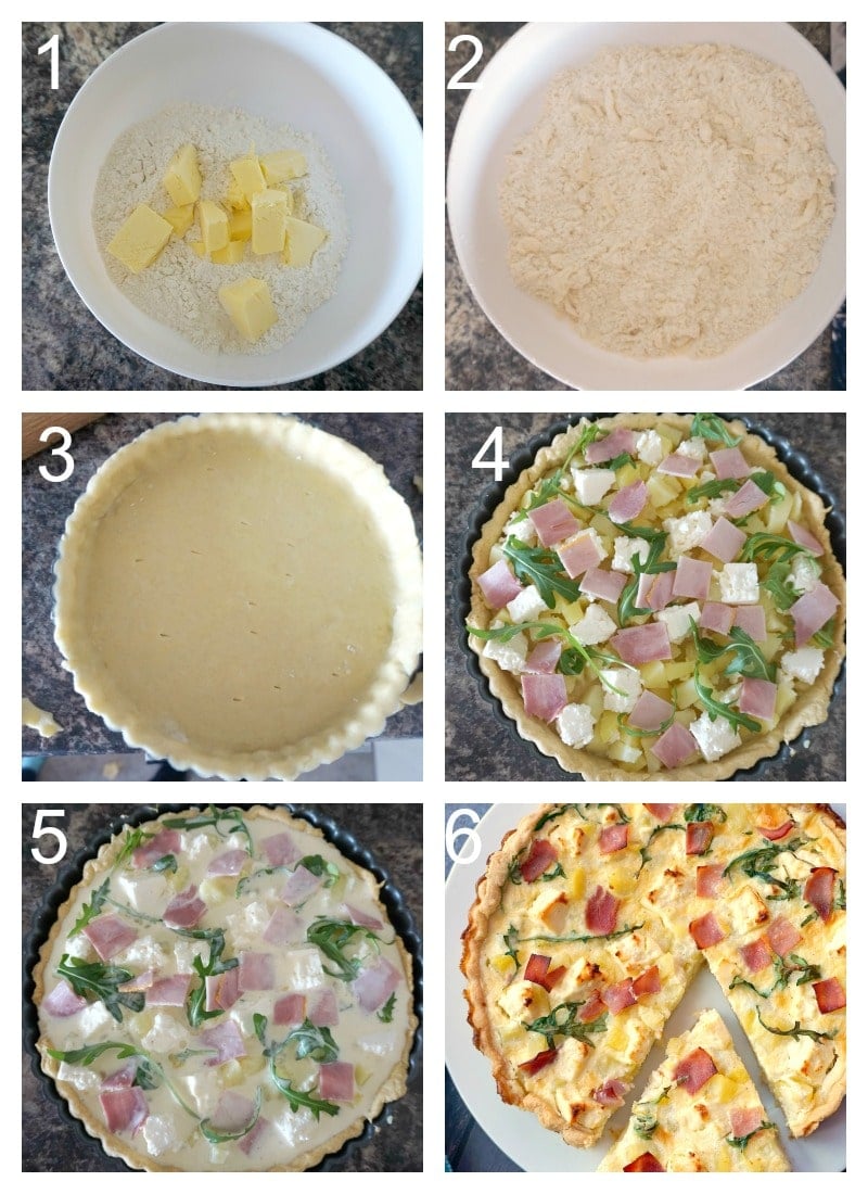 Collage of 6 photos to show how to make ham and potato quiche.