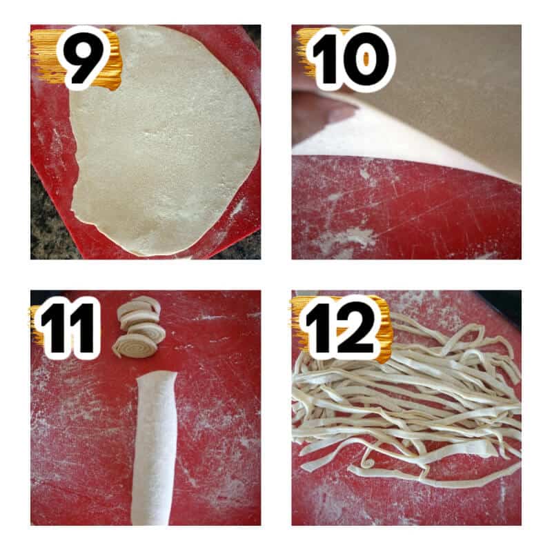 Collage of 4 photos to show how to make fresh fettuccine.