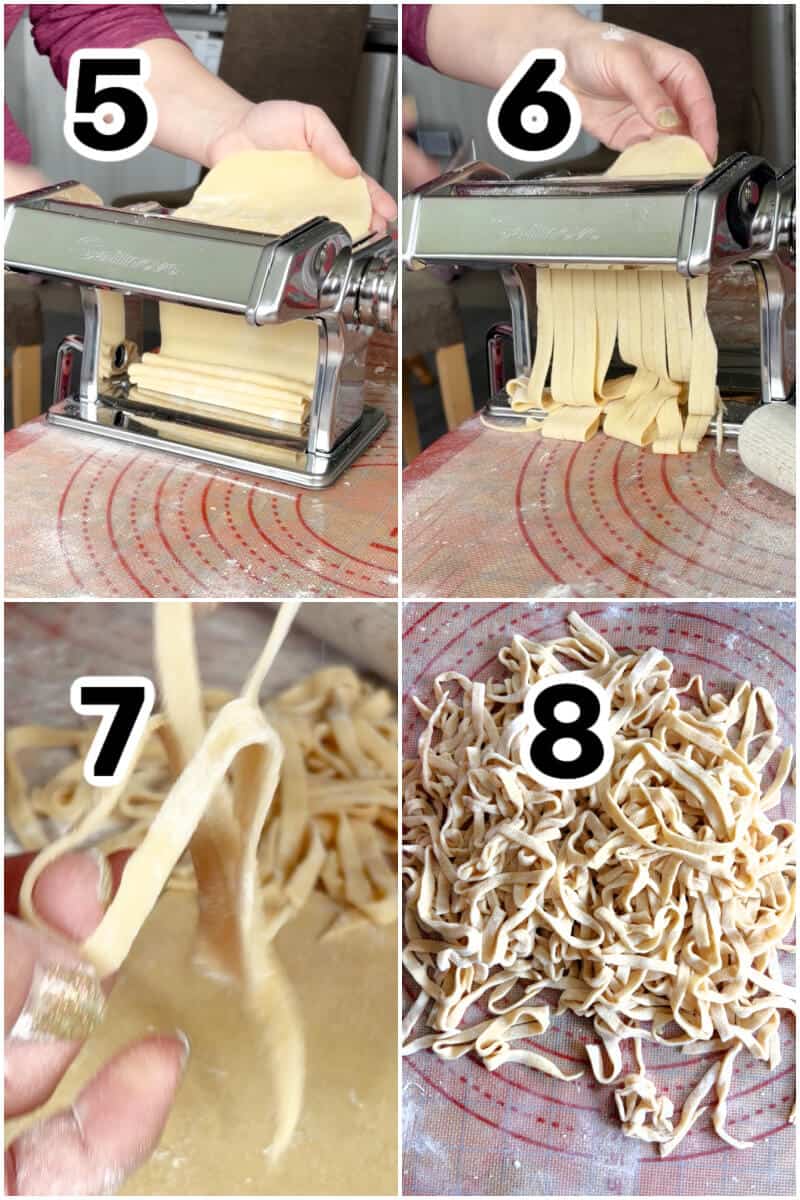 Collage of 4 photos to show how to make fresh pasta with a pasta machine.