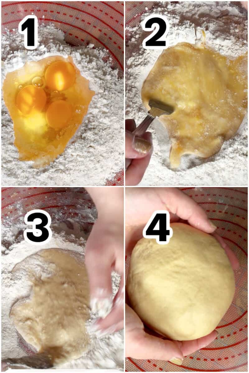 Collage of 4 photos to show how to make fresh pasta dough.