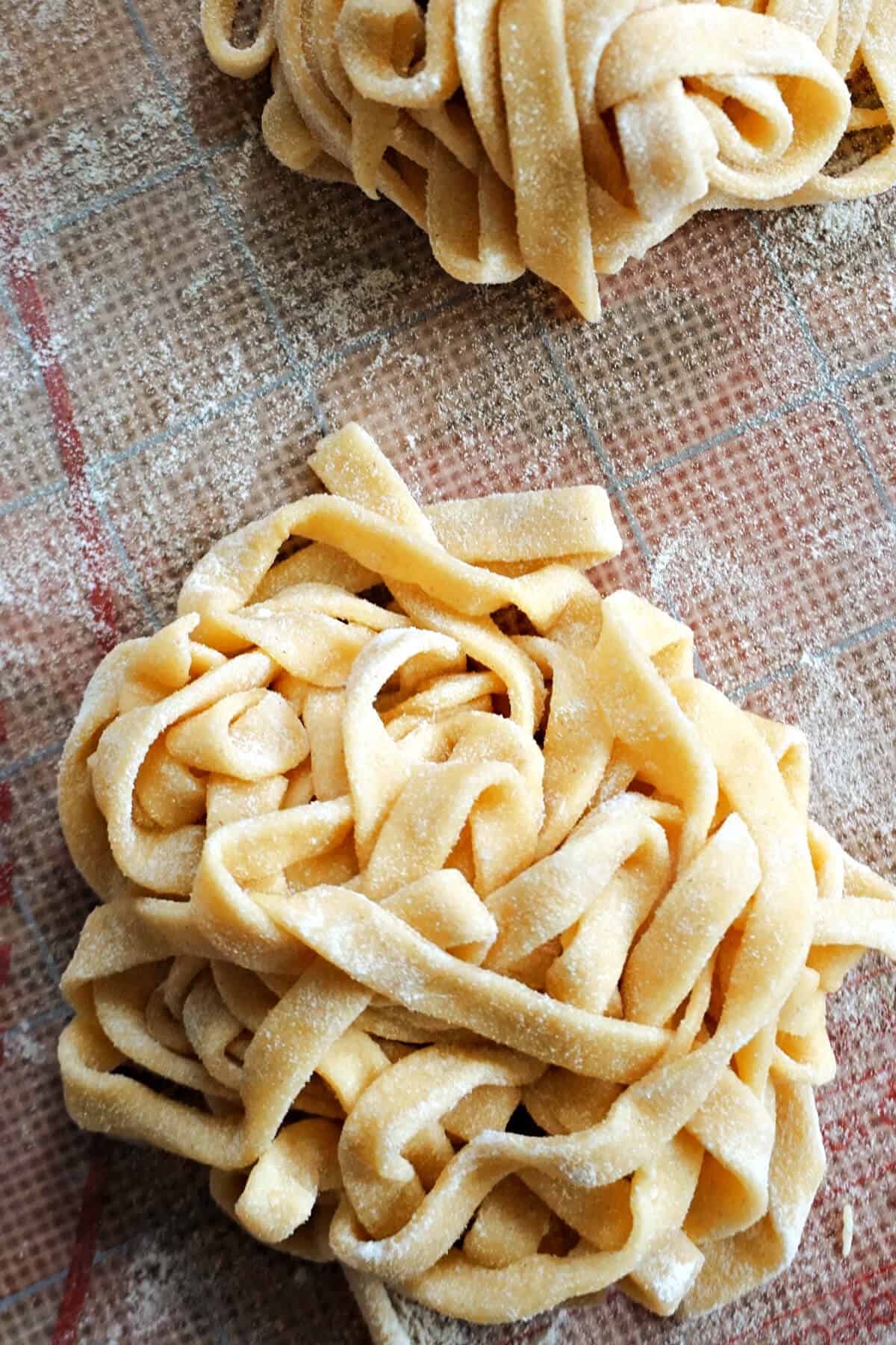 A nest of fettuccine pasta on a tabletop.
