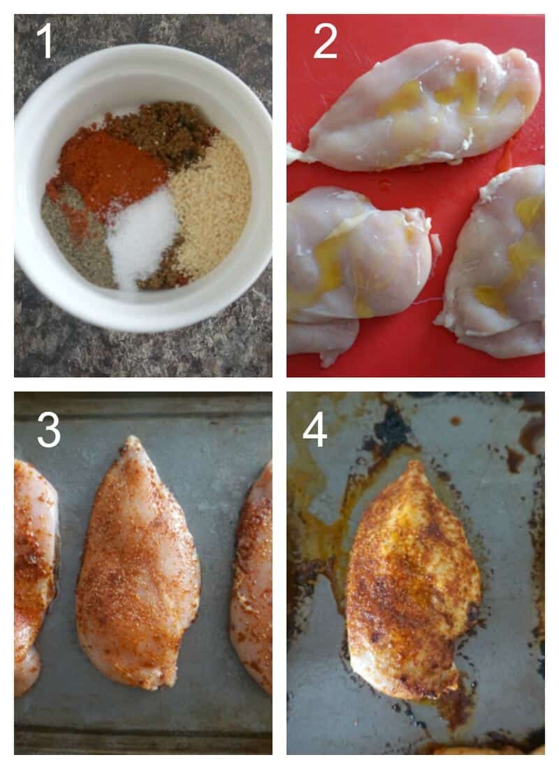 Collage of 4 photos to show how to make baked chicken breast.