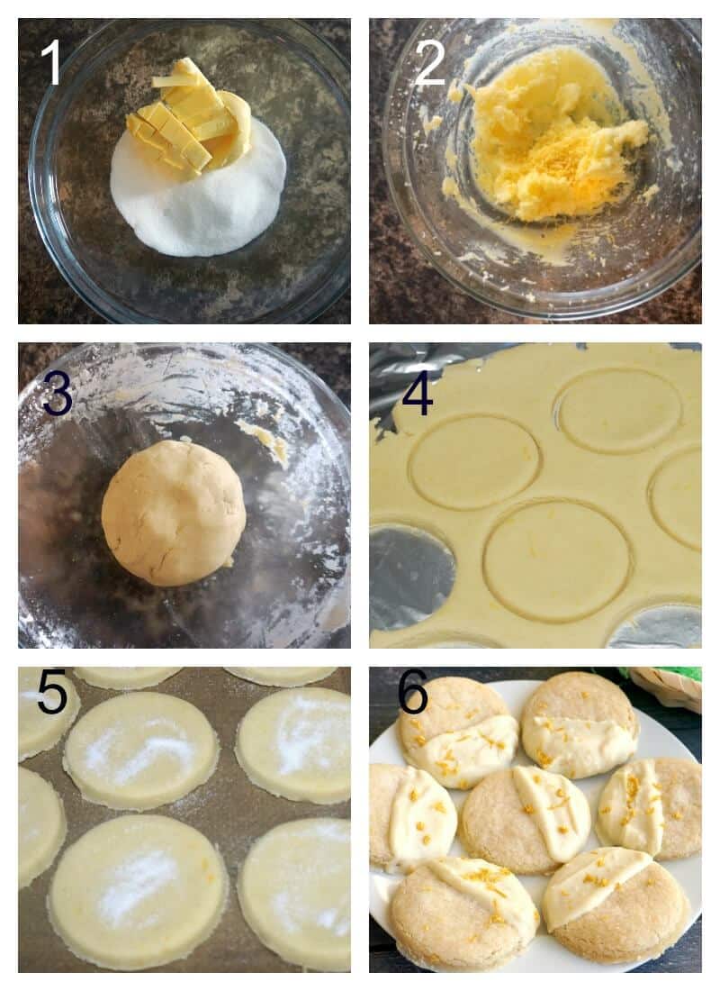 Collage of 6 photos to show how to make lemon shortbread.