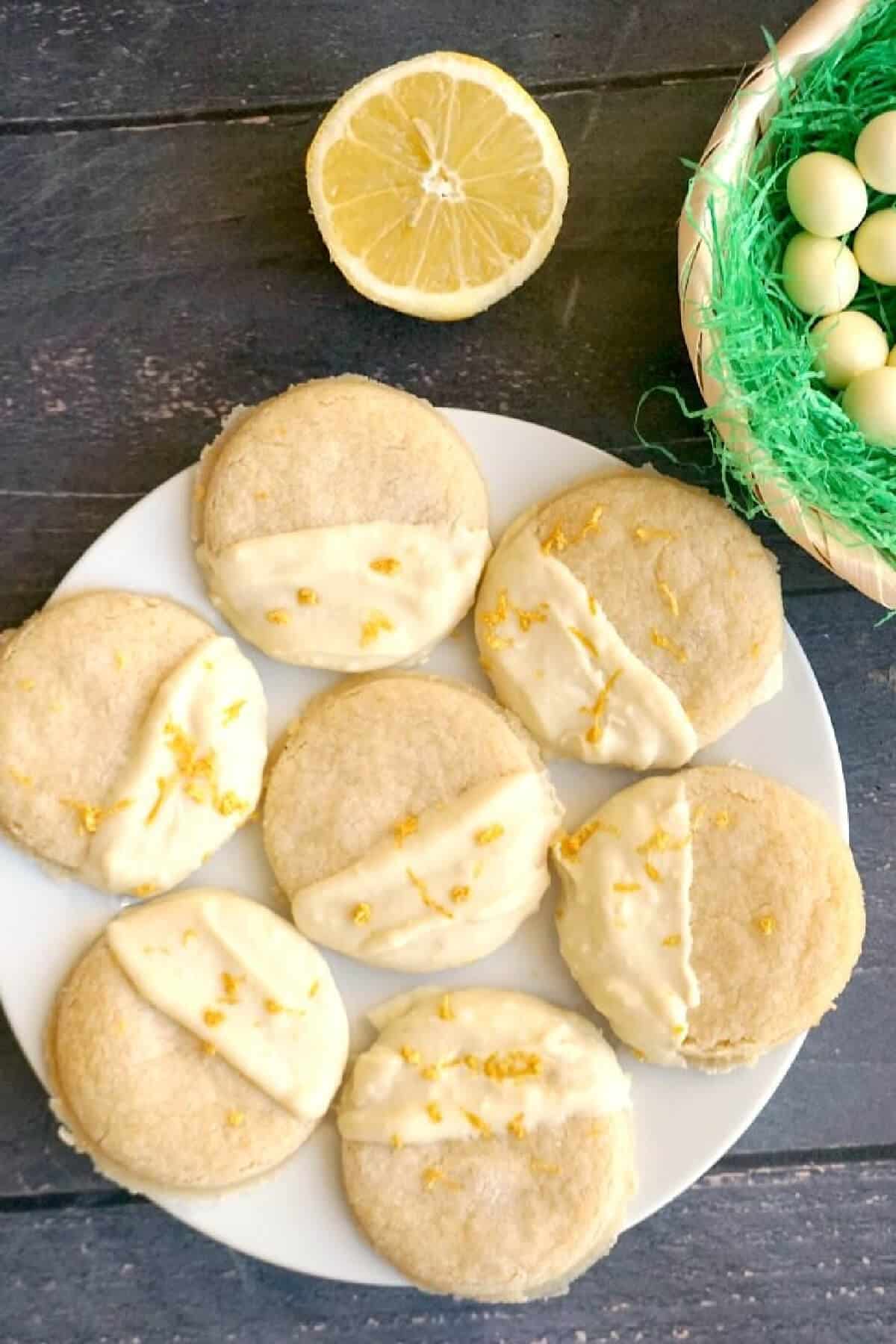 Overhead shoot of a white plate with 7 shortbread cookies.