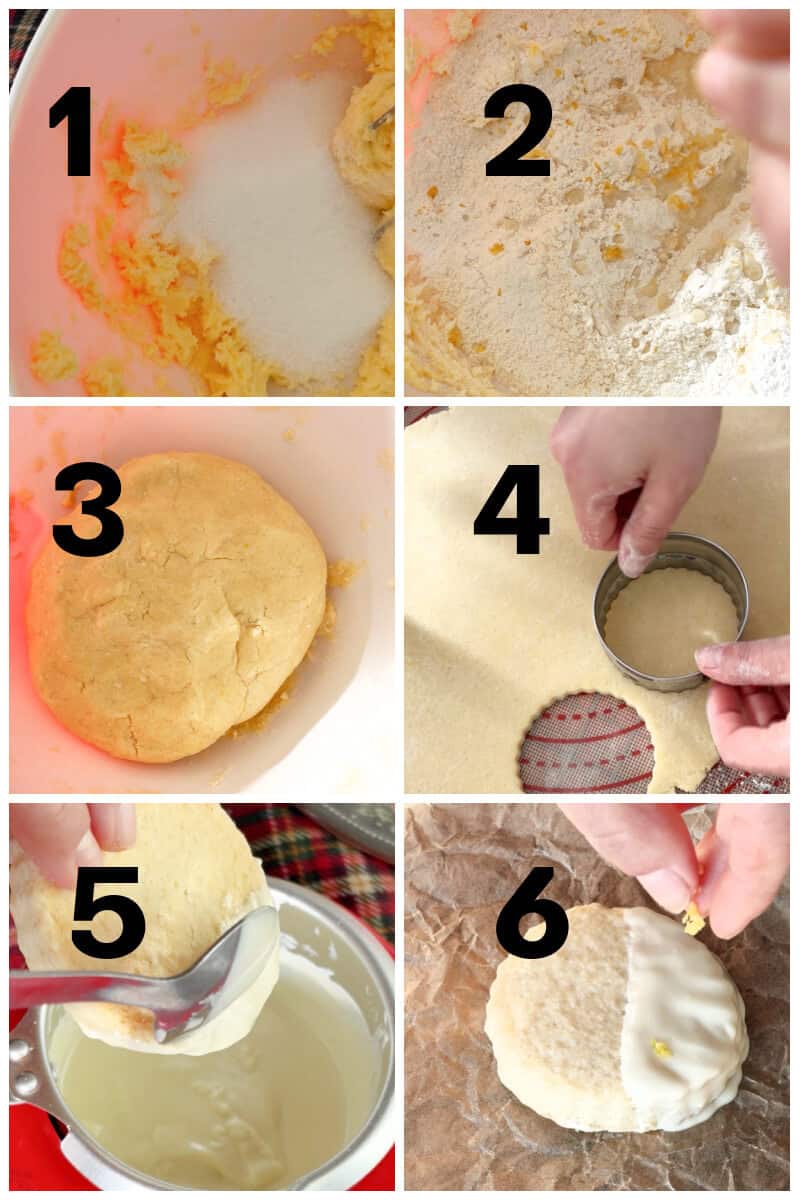 Collage of 6 photos to show how to make lemon and white chocolate shortbread.