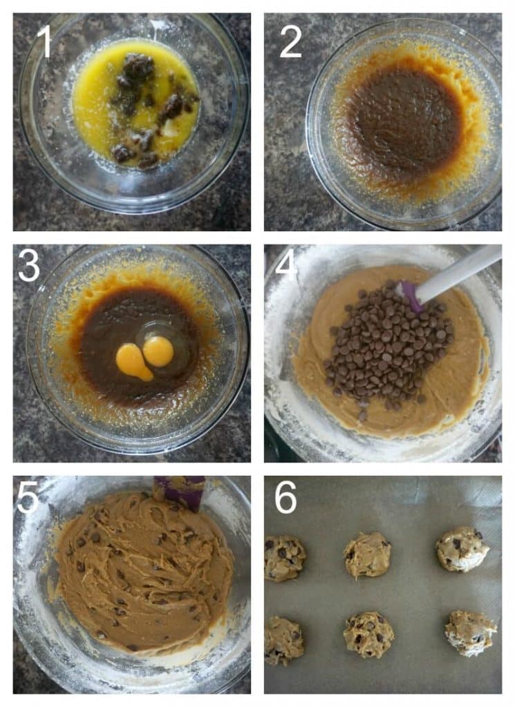 Collage of 6 photos to show how to make chocolate chip cookies