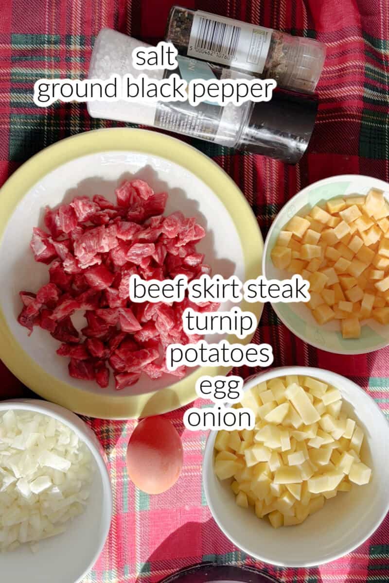 Ingredients listed to make the filling for the Cornish pasties.