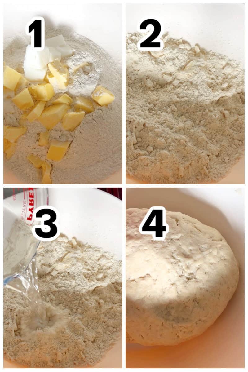 Collage of 4 photos to show how to make shortcrust pastry.