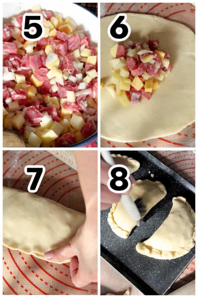 Collage of 4 photos to show how to make Cornish pasties.