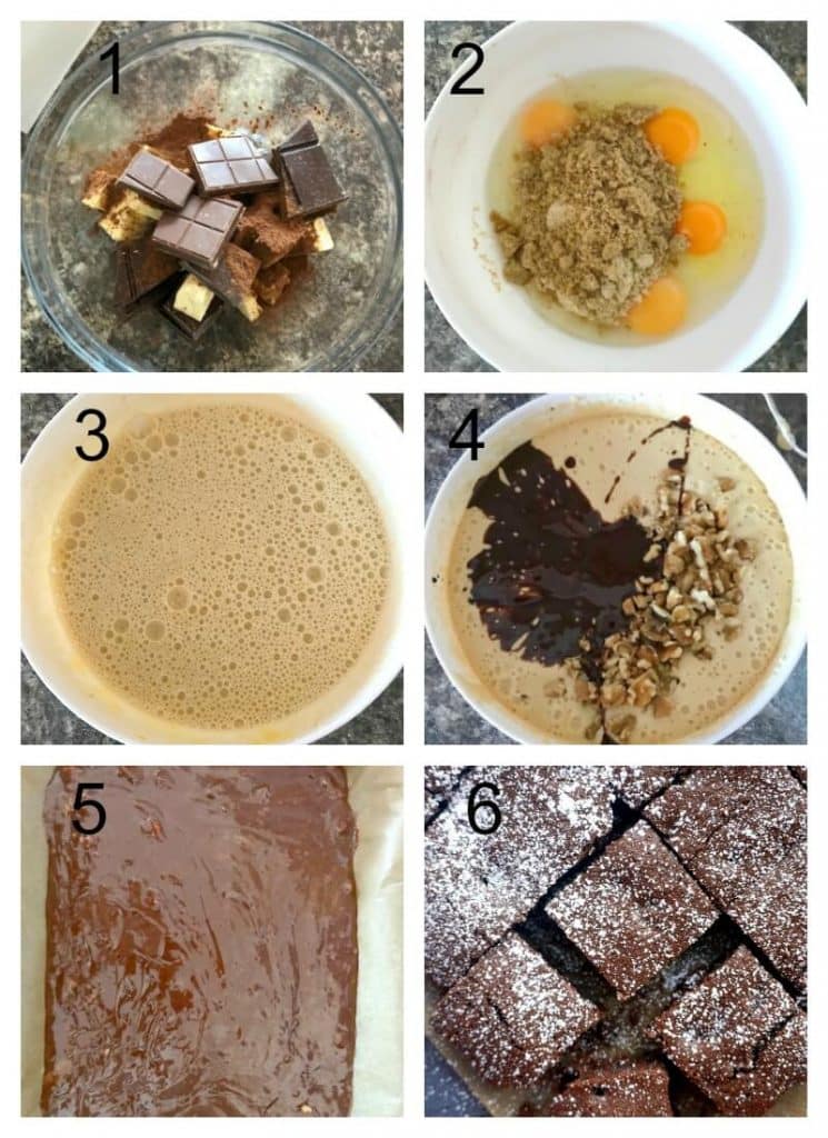 Collage of 6 photos to show how to make walnut brownies