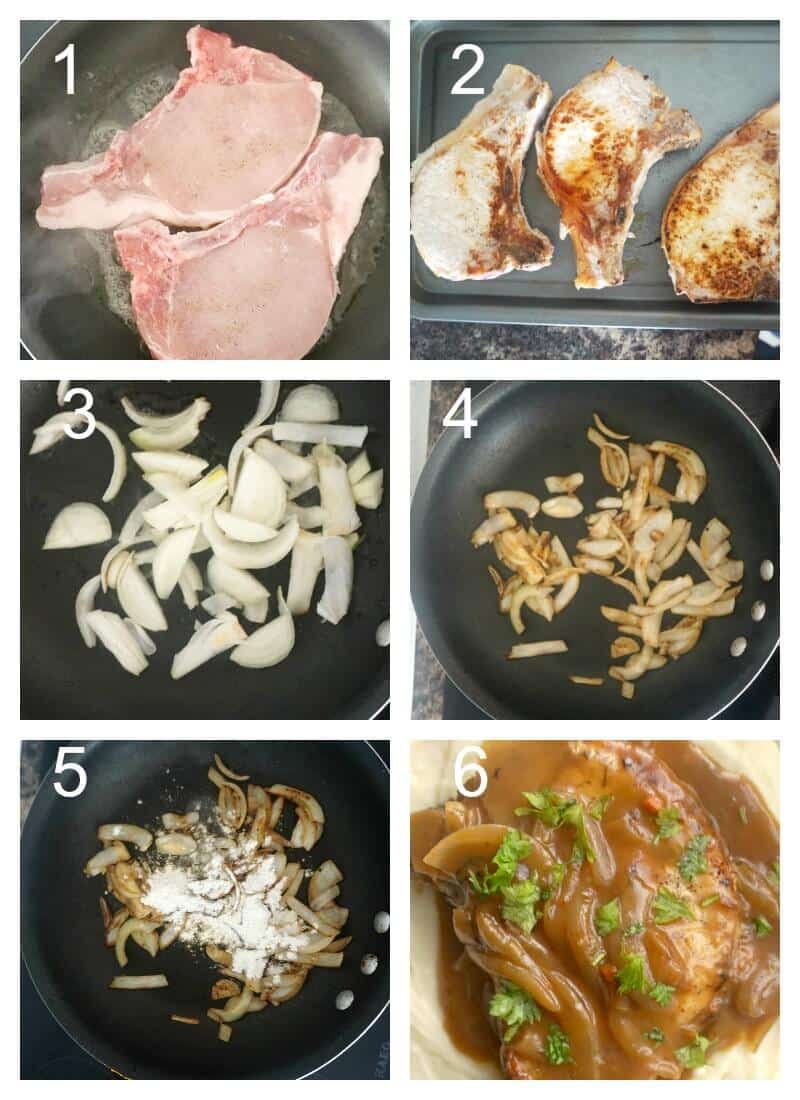 Collage of 6 photos to show how to make pork chops with onion gravy.