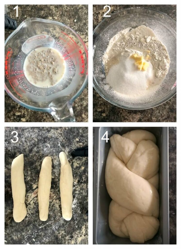 Collage of 4 photos to show how to make brioche bread