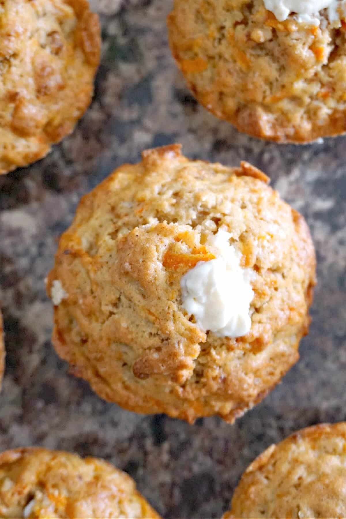 Overhead shoot of a carrot muffin.