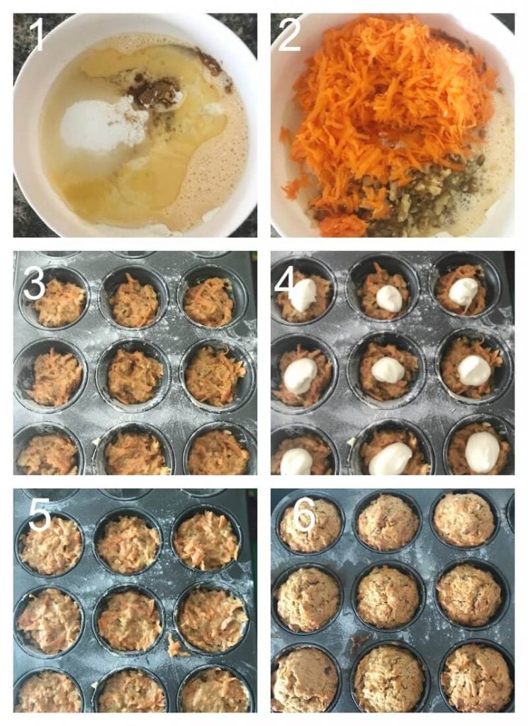 Collage of 6 photos to show how to make carrot cake muffins with cream cheese filling