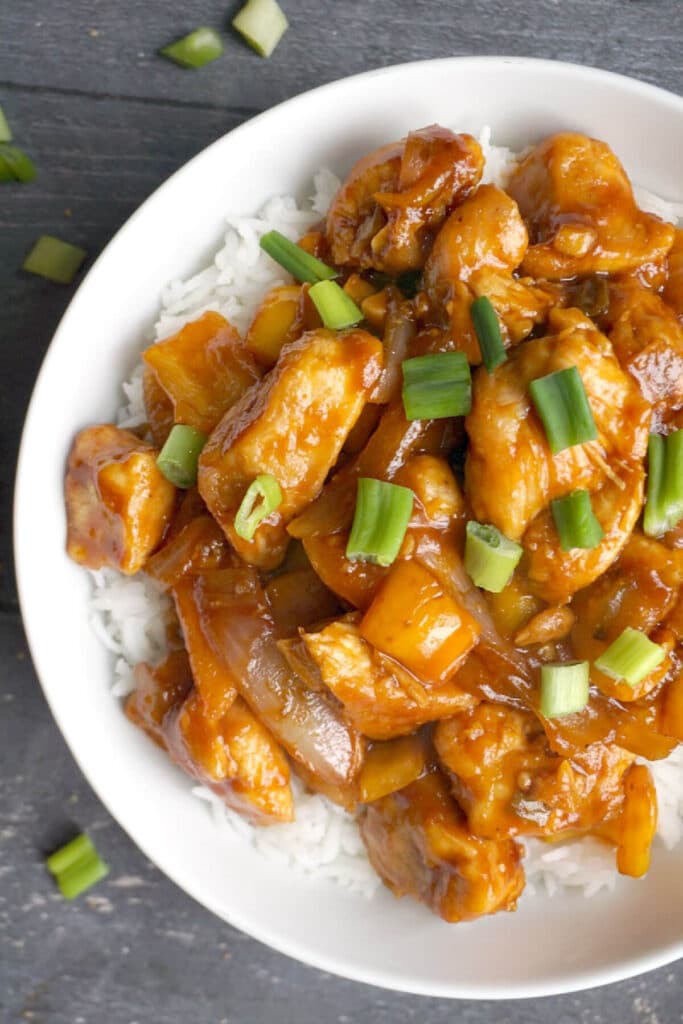 Sweet and sour chicken over a bed of rice