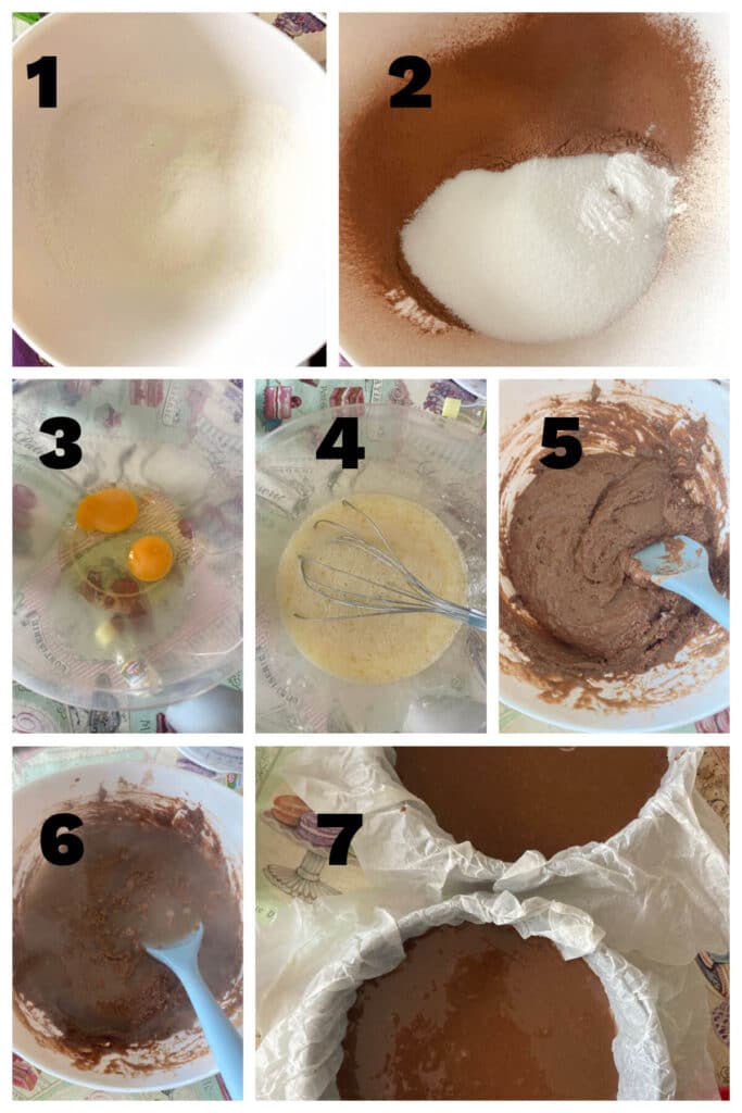 Collage of 7 pictures to show how to make chocolate sponge