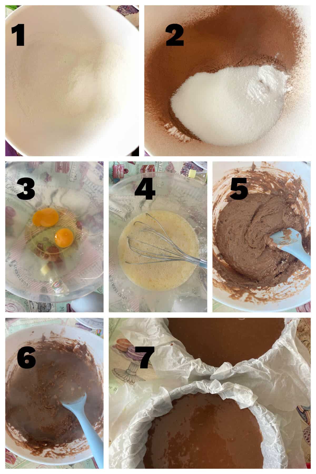 Collage of 7 pictures to show how to make chocolate sponge.
