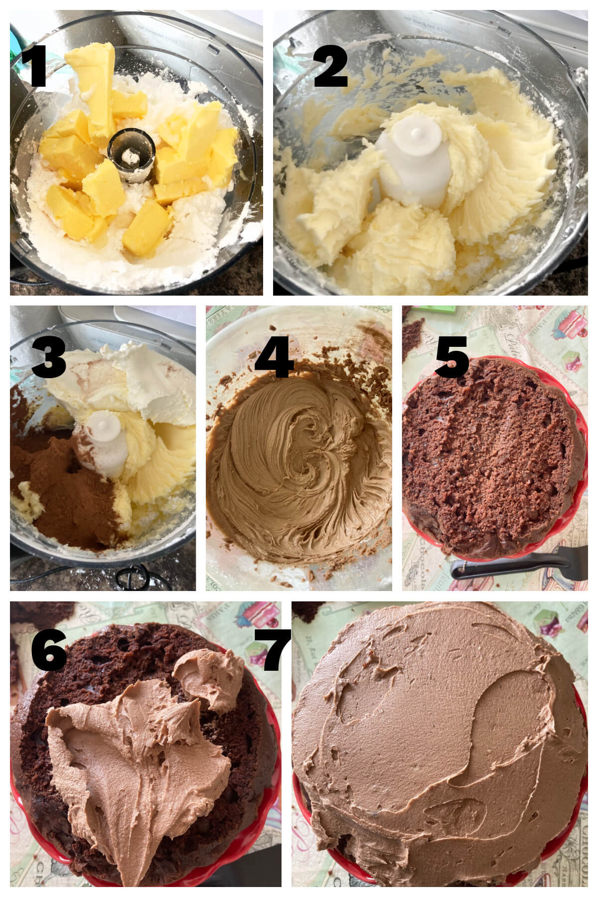 Collage of 7 photos to show how to make chocolate buttercream for a chocolate cake.