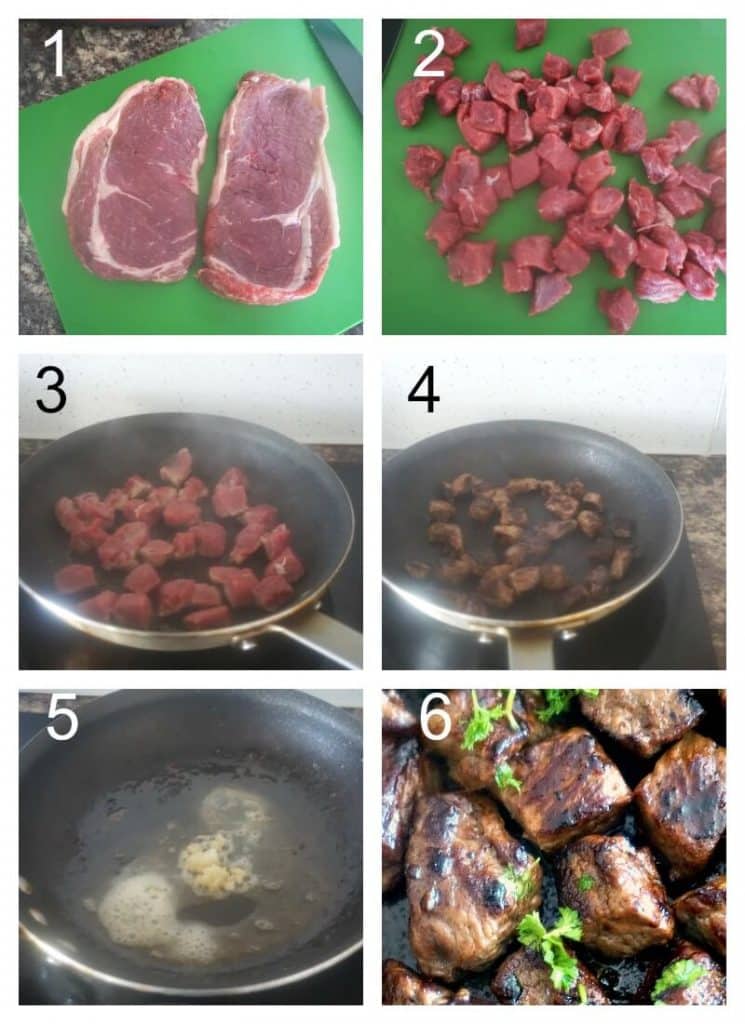 Collage of 6 photos to show how to make garlic butter steak bites