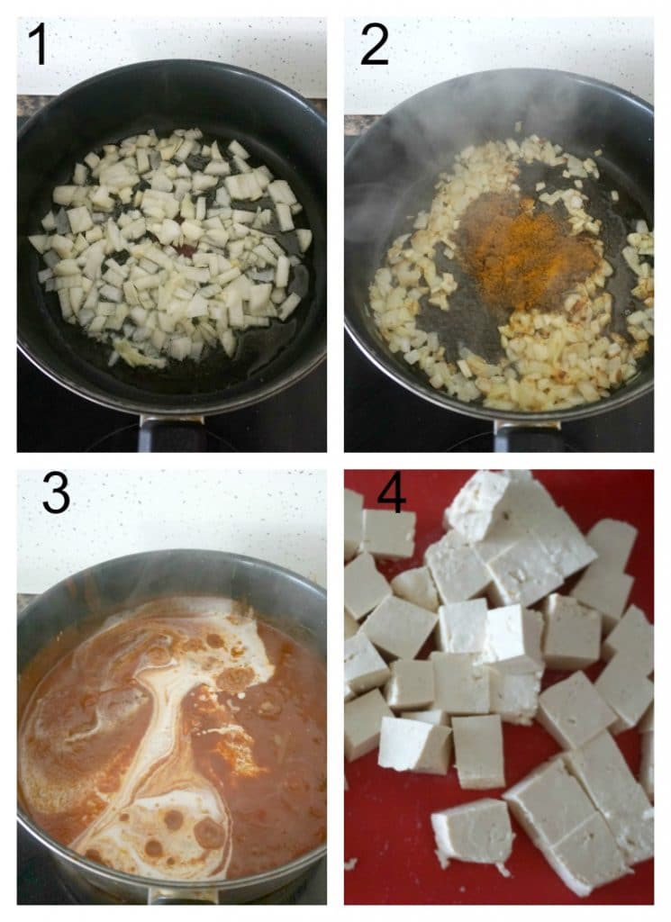 Collage of 4 photos to show how to make tofu curry