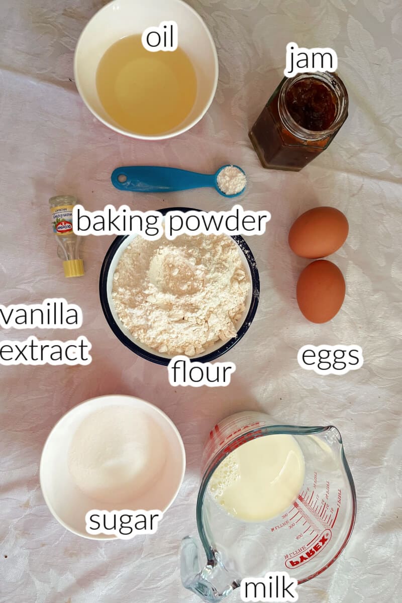 Ingredients used to make jam muffins.