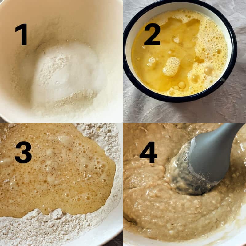 Collage of 4 photos to show how to make muffins with jam.