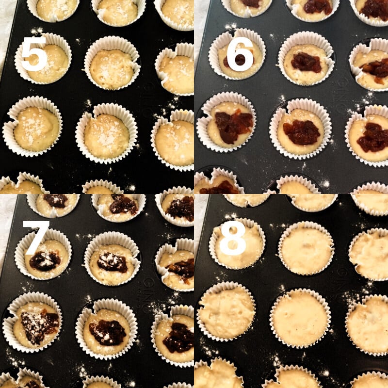 Collage of 4 photos to show how to assemble the muffins with jam filling.