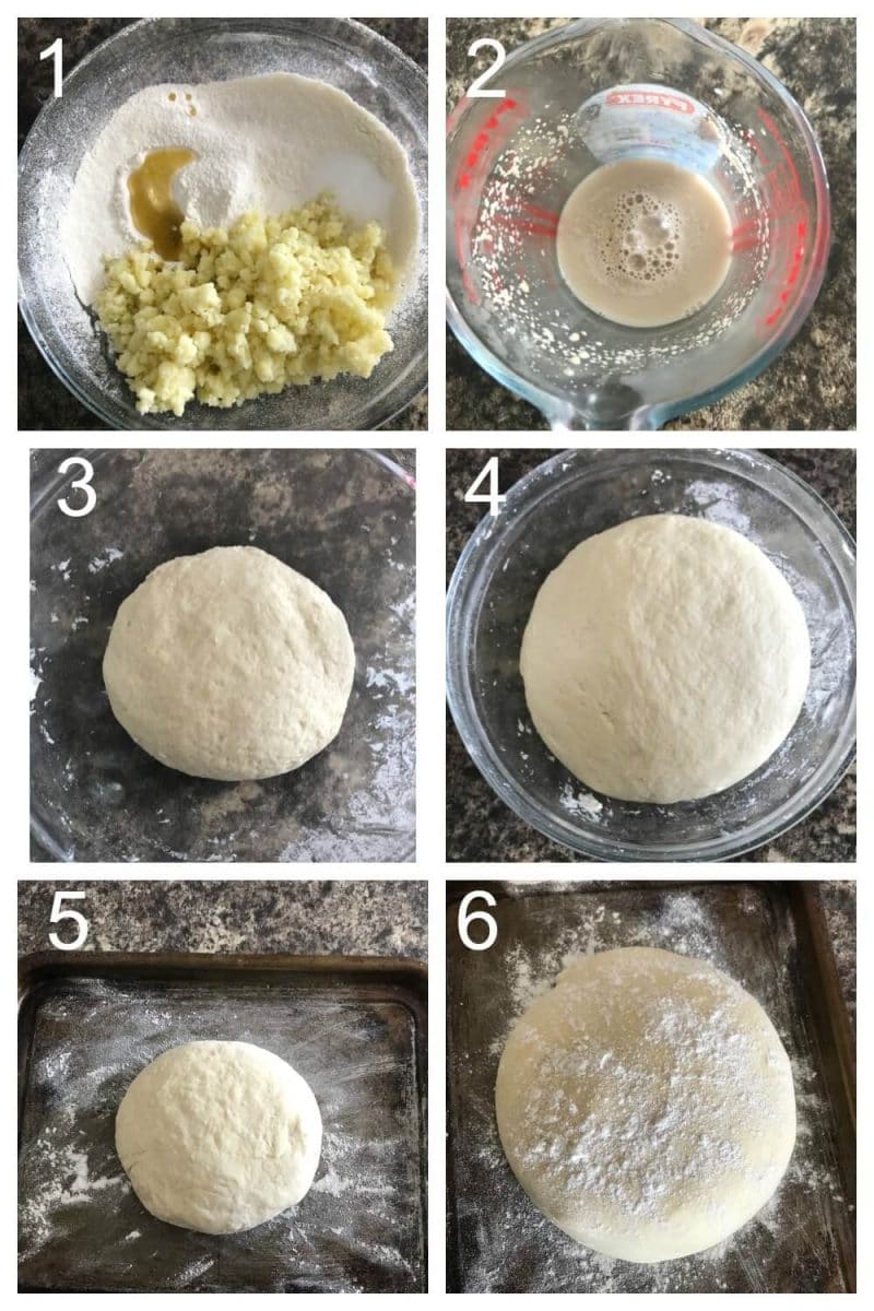 Collage of 6 photos to show how to make crusty bread.