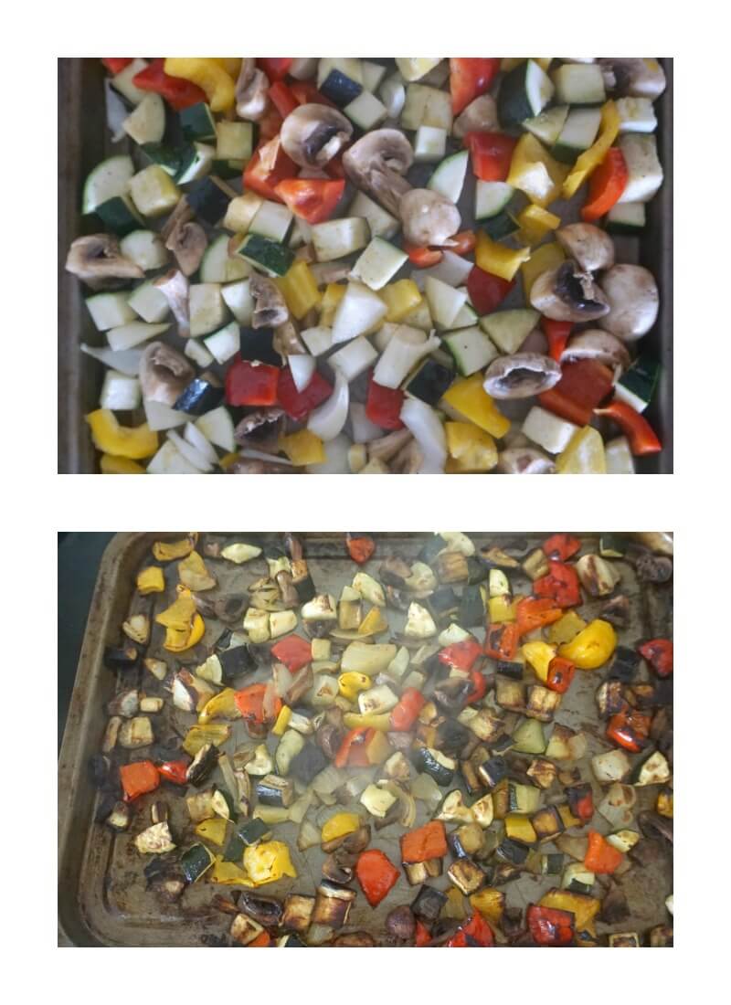Collage of 2 photos to show how to make pasta salad with roasted vegetables.