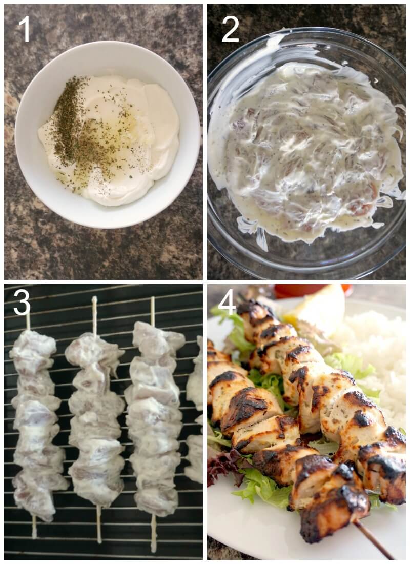 Collage of 4 photos to show how to make chicken kebabs.