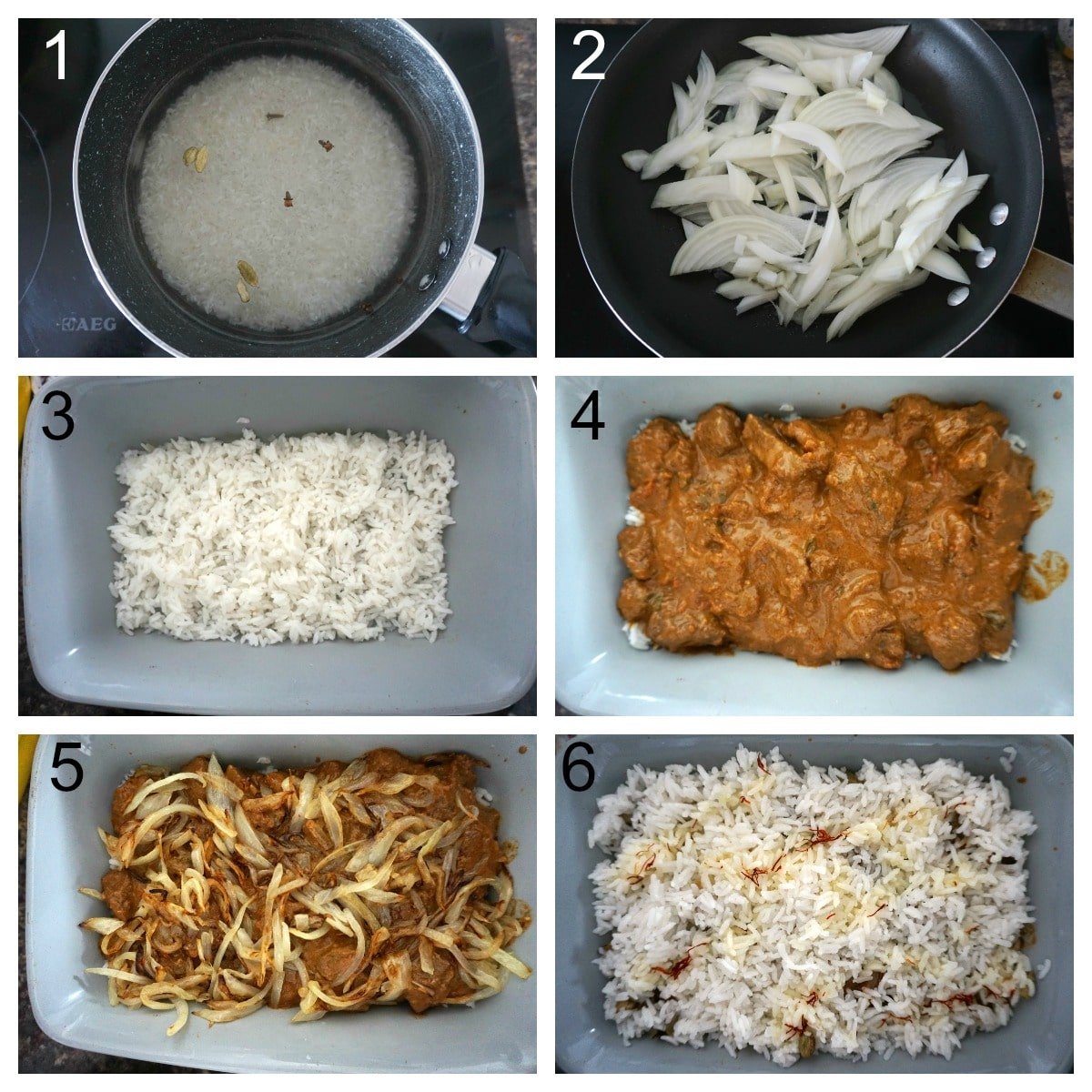 Collage of 6 photos to show how to assemble beef biryani.