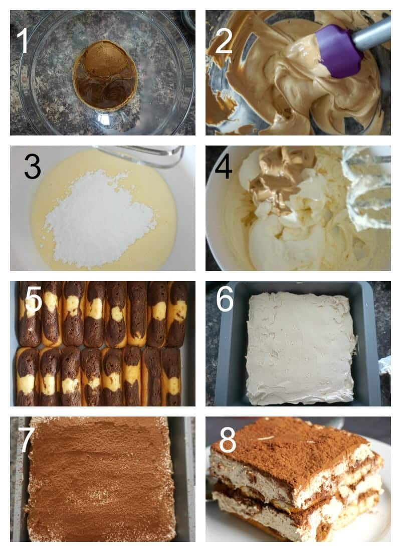 Collage of 8 photos to show how to make dalgona tiramisu