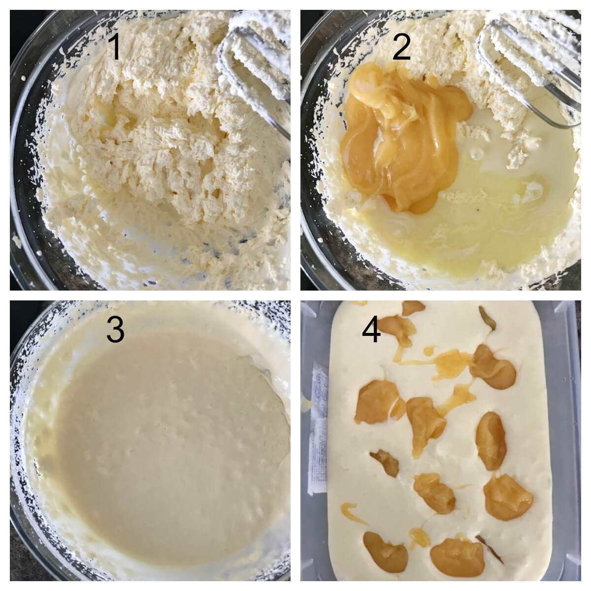 Collage of 4 photos to show how to make lemon curd ice cream with limoncello.