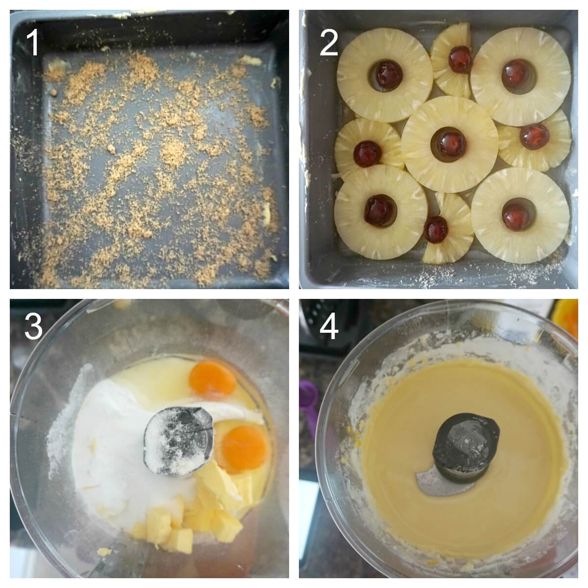 Collage of 4 photos to show how to make pineapple upside down cake.