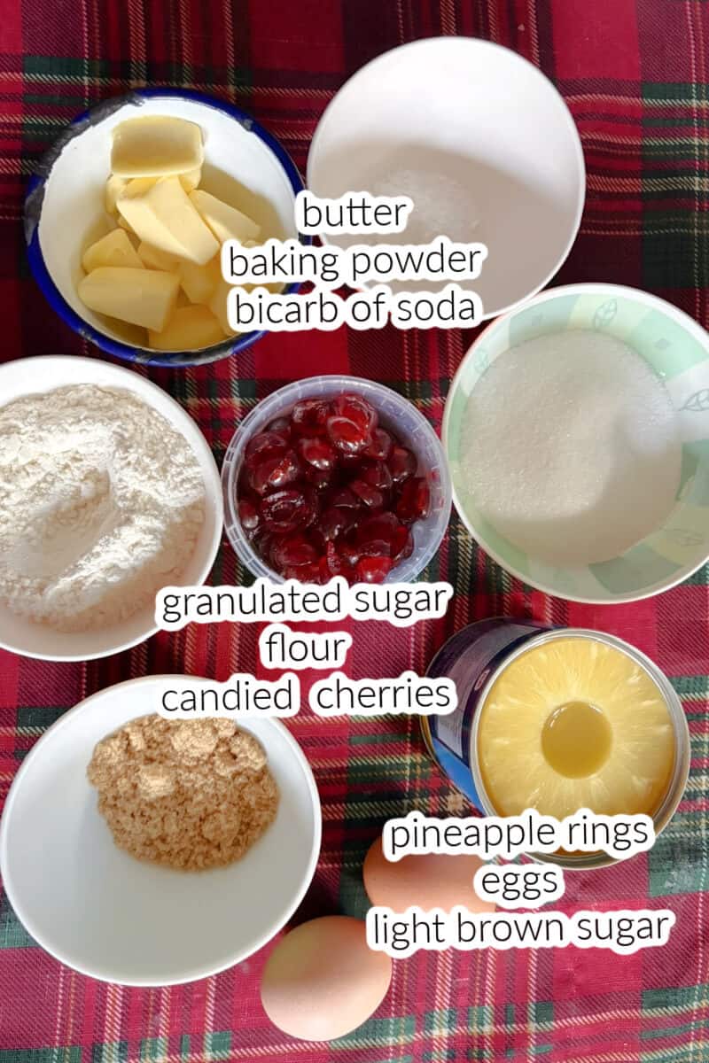 Ingredients displayed on the table for making pineapple upside down cake.