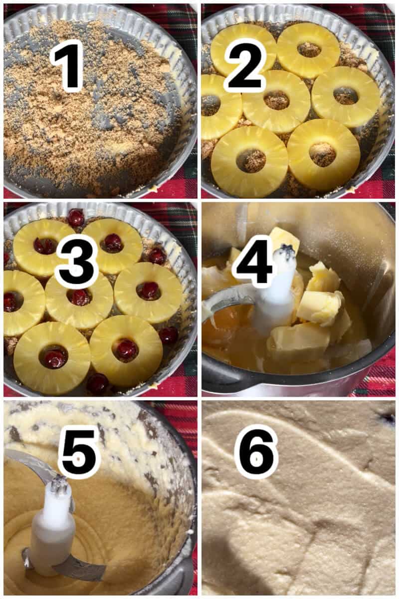 Collage of 6 photos to show how to make pineapple upside-down cake.
