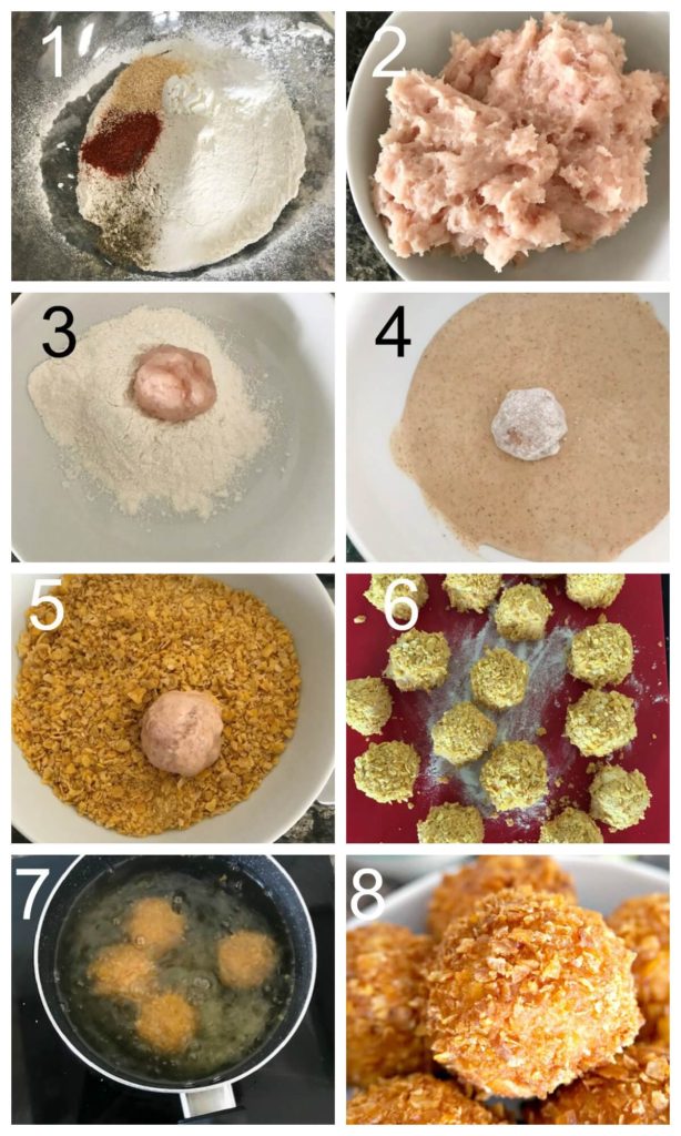 Collage of 8 photos to show how to make popcorn chicken