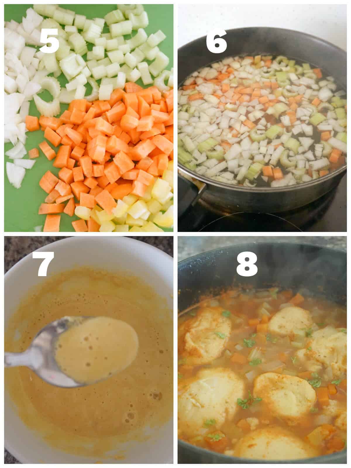 Collage of 4 photos to show how to make semolina dumpling soup.